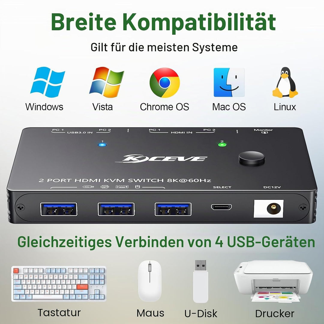 KVM Switch 2 PC 1 Monitor HDMI, USB 3.0 KVM Switch HDMI 2 Port 8K@60Hz 4K 120Hz HDCP 2.3, Teilen Tas