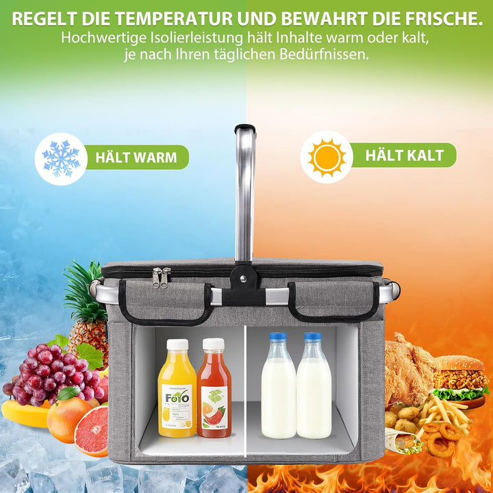 OUSFOT Einkaufskorb, 30L Picknickkorb Mutti Korb Faltbar Grau mit Deckel Perfekt für Shopping, Pickn