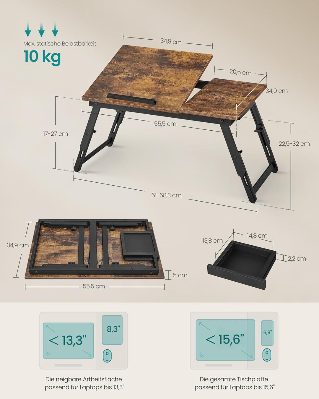 SONGMICS Laptoptisch, Laptopständer, Frühstückstablett, klappbare Beine, für Bett und Sofa, höhenver