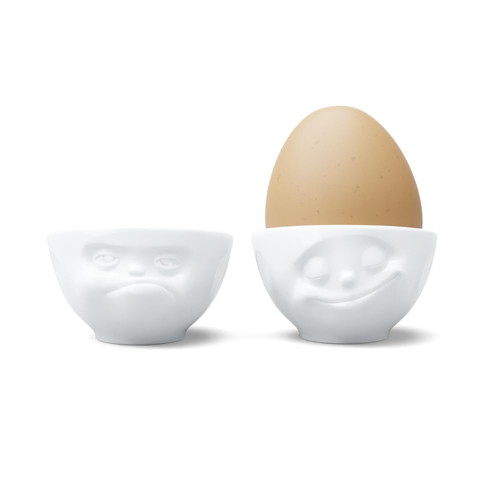 FIFTYEIGHT PRODUCTS / Tassen/Eierbecher - Set Nr. 3 „Glücklich & HMPFF“ (Porzellan, weiss, Made in G
