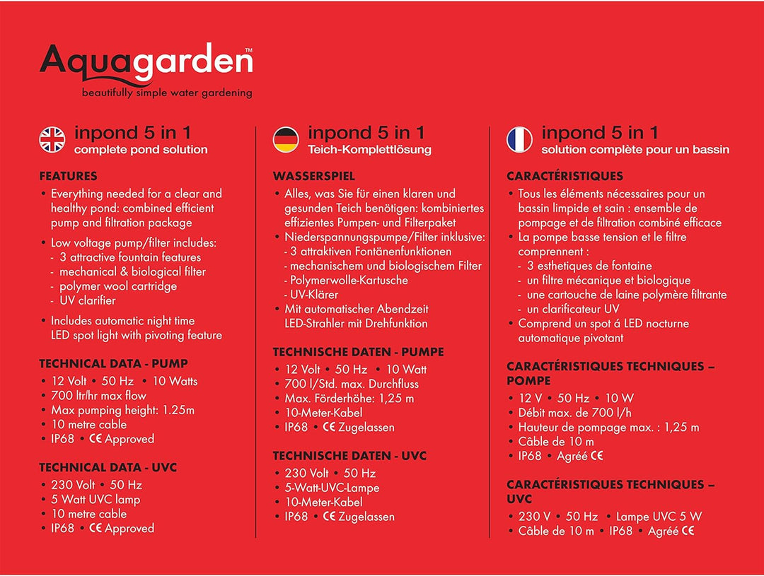 Aquagarden Inpond 3000, Teich- und Wasserpumpe, Filter, UV-Klärer, LED-Strahler und Springbrunnen, K