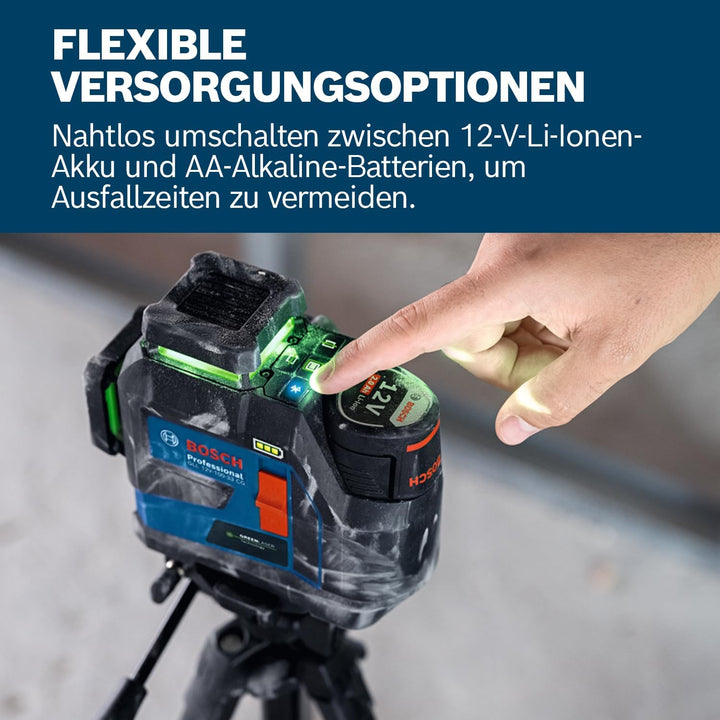 Bosch Professional Linienlaser GLL 12V-100-33 CG (3 x 360° grüner Laser, Arbeitsbereich 100 m (Radiu