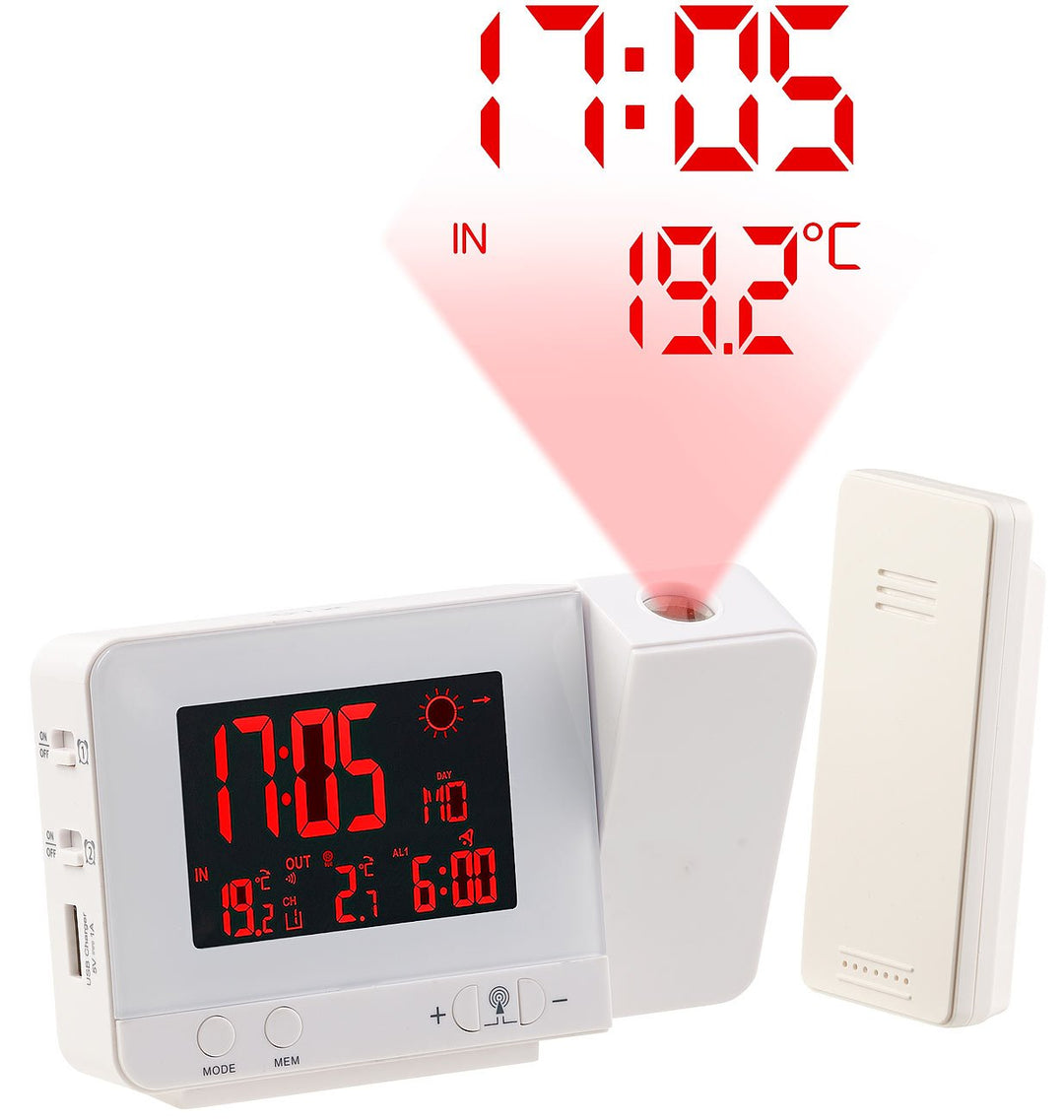 infactory Uhr mit Projektion: Funk-Wetterstation mit Projektions-Wecker, Aussensensor und USB, weiss