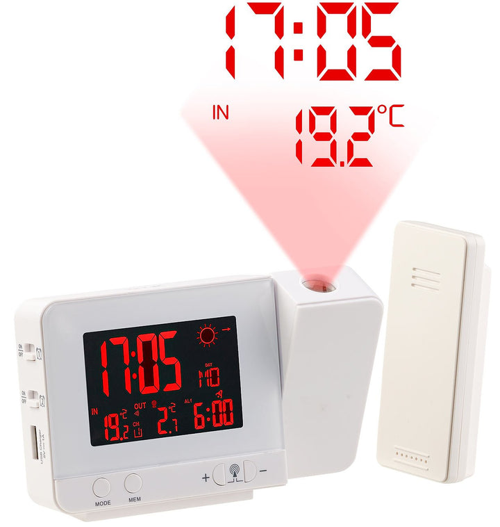infactory Uhr mit Projektion: Funk-Wetterstation mit Projektions-Wecker, Aussensensor und USB, weiss
