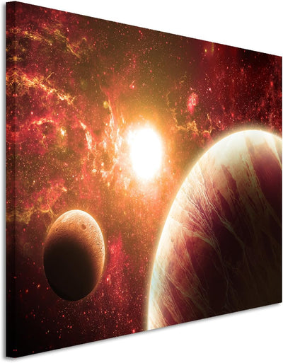 Paul Sinus Art XXL Fotoleinwand 120x80cm Illustration - Rote Planeten mit Mond auf Leinwand Exklusiv