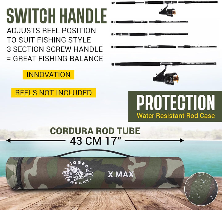 Rigged & Ready X Series Travel Fishing Rods. 6 Super Compact, Multi-Functional, Portable, Spin, Bass