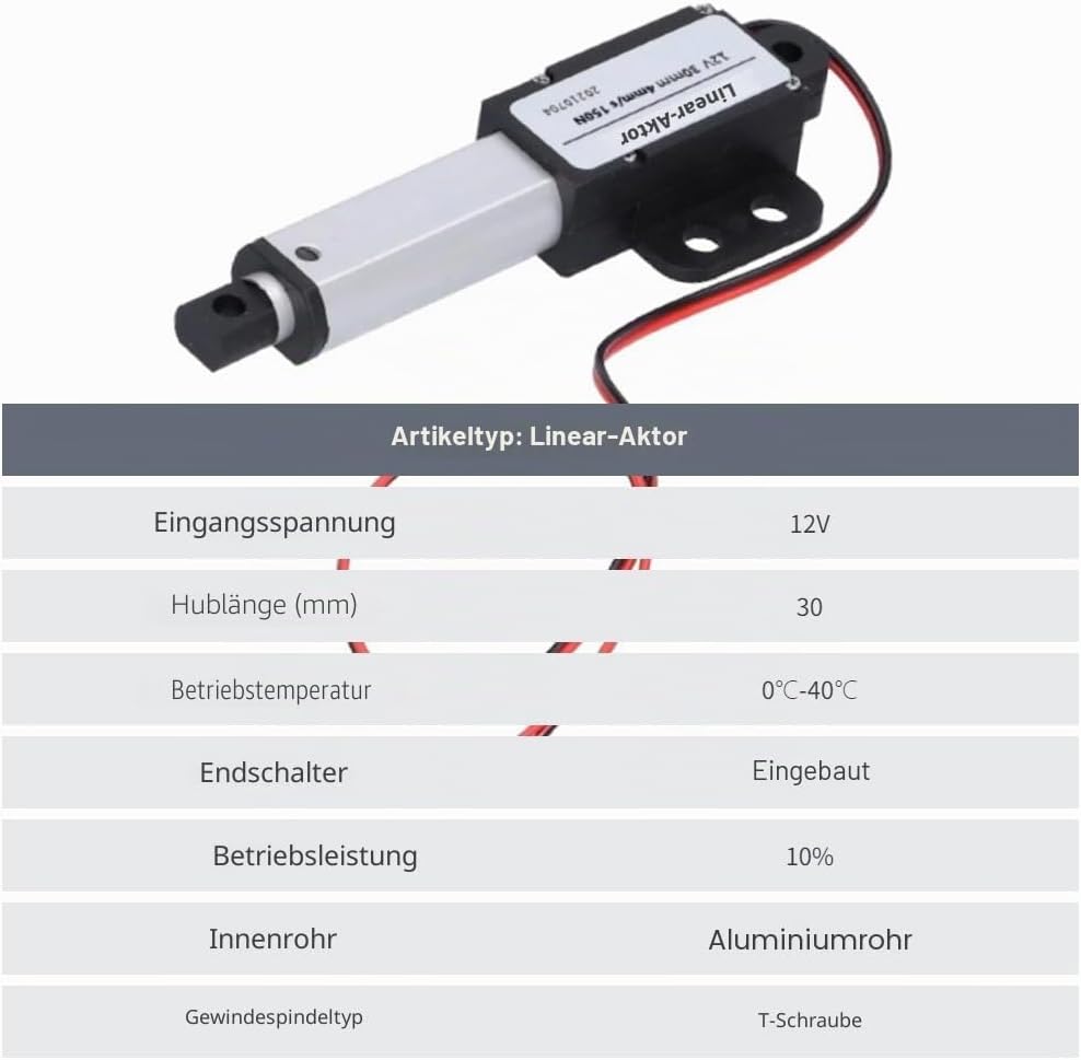 30mm DC 12V Linearaktuator Mini Electric Linear Motion Actuator Kurzschlussschutz T-Typ Schraube(Hub