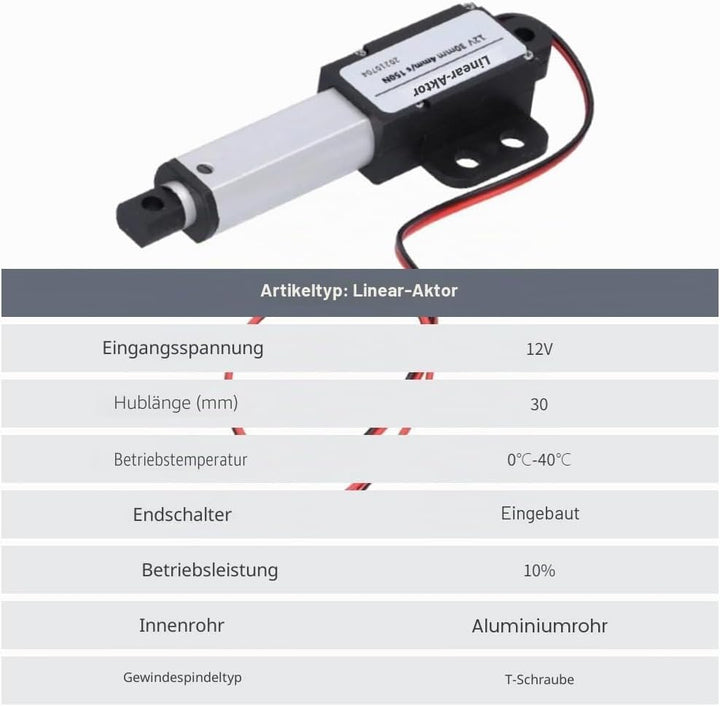 30mm DC 12V Linearaktuator Mini Electric Linear Motion Actuator Kurzschlussschutz T-Typ Schraube(Hub