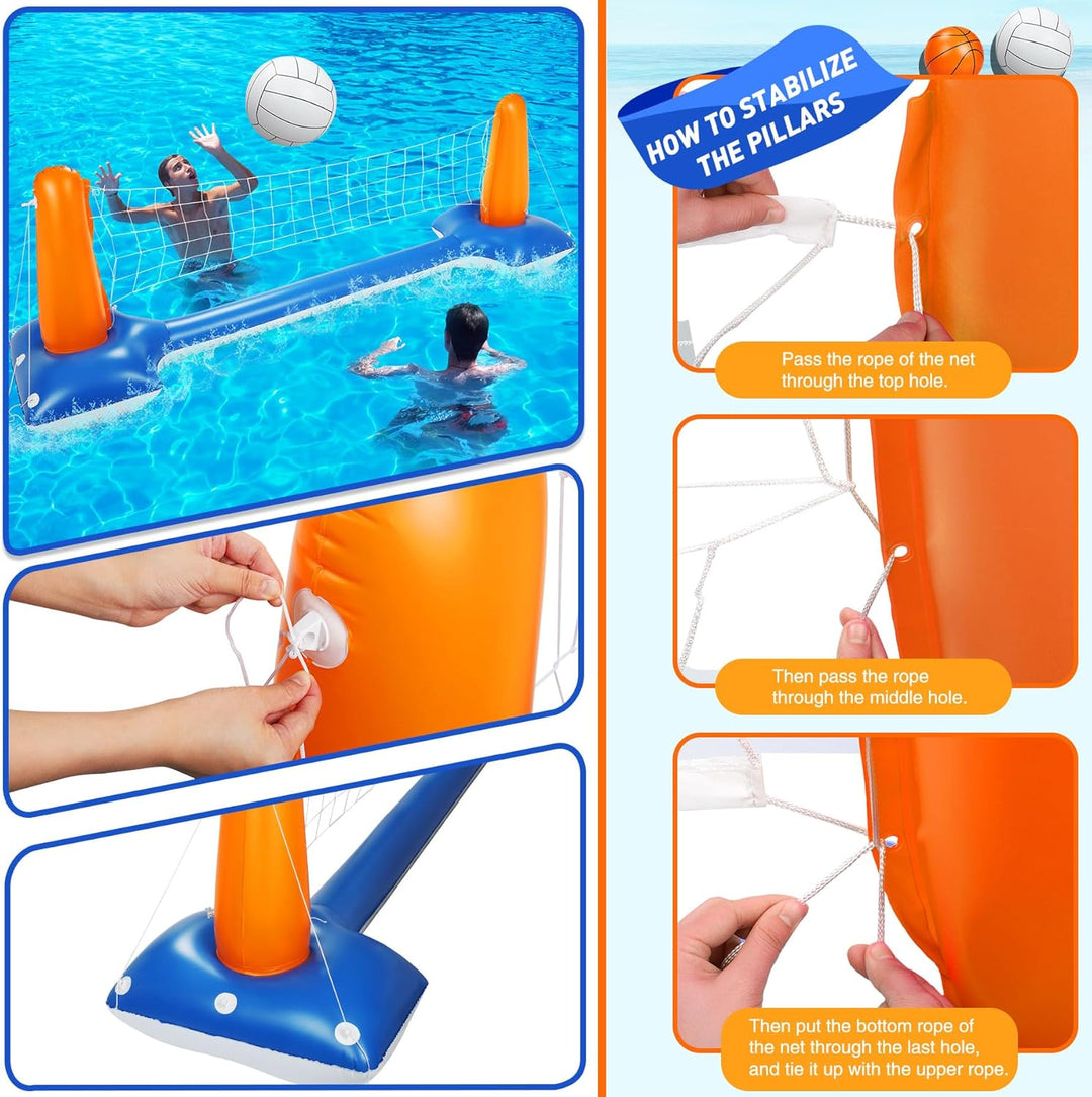 Subtail Aufblasbares Volleyball-Set, 290 cm Aufblasbares Pool Schwimmset Inklusive Basketballkorb-Se