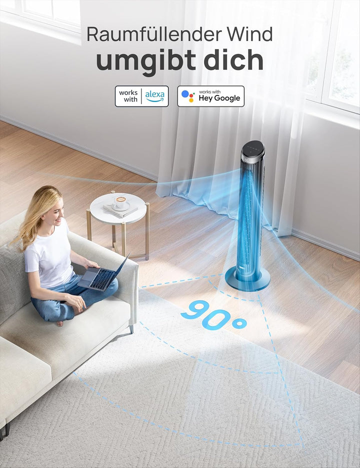 DREO Smart Turmventilator Sehr Leise, 90° Oszillierend Standventilator für Schlafzimmer, 7.9 m/s Win