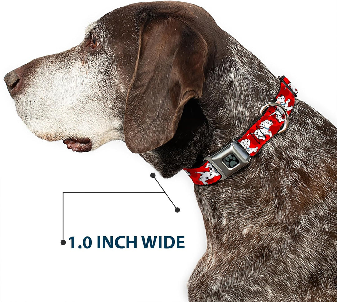 Buckle-Down Seatbelt Buckle Dog Collar - Dalmatians Running/Paws Reds/White/Black - 1" Wide - Fits 1