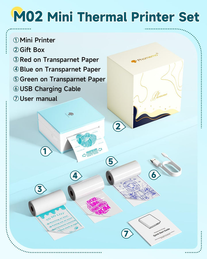 Phomemo Mini Drucker, Tiny Printer M02 Mini Drucker für Smartphone Mini Thermodrucker Bluetooth Aufk