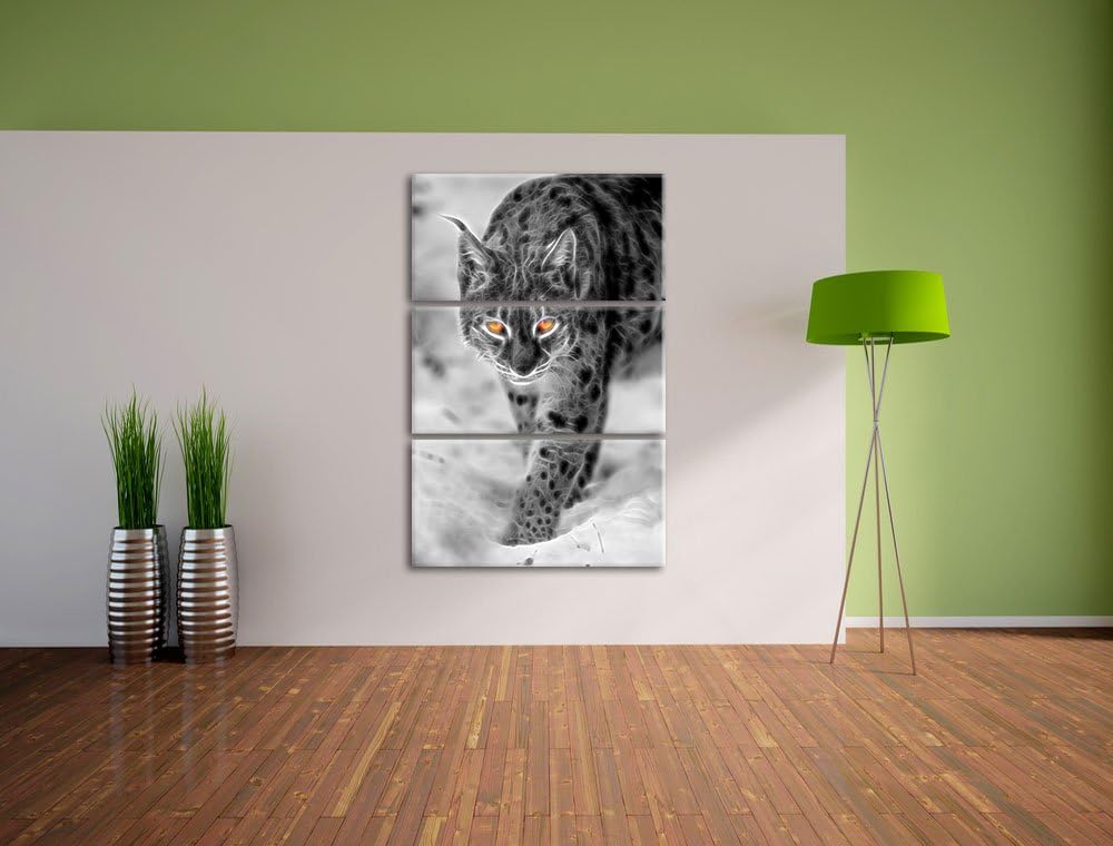 wachsamer Luchs im Schnee schwarz/weiss Deluxe 3-Teiler Leinwandbild 120x80 Bild auf Leinwand, XXL r