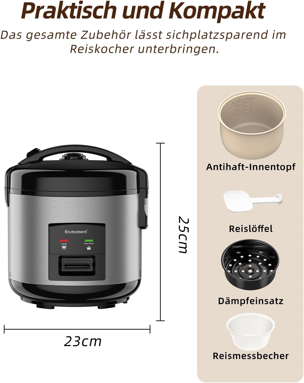 Eamoment DRC-5020SL 1L | 400W Reiskocher &amp; Dampfgarer(1ltr-5 Tassen) Für 1-5 Personen Schnelles Koch