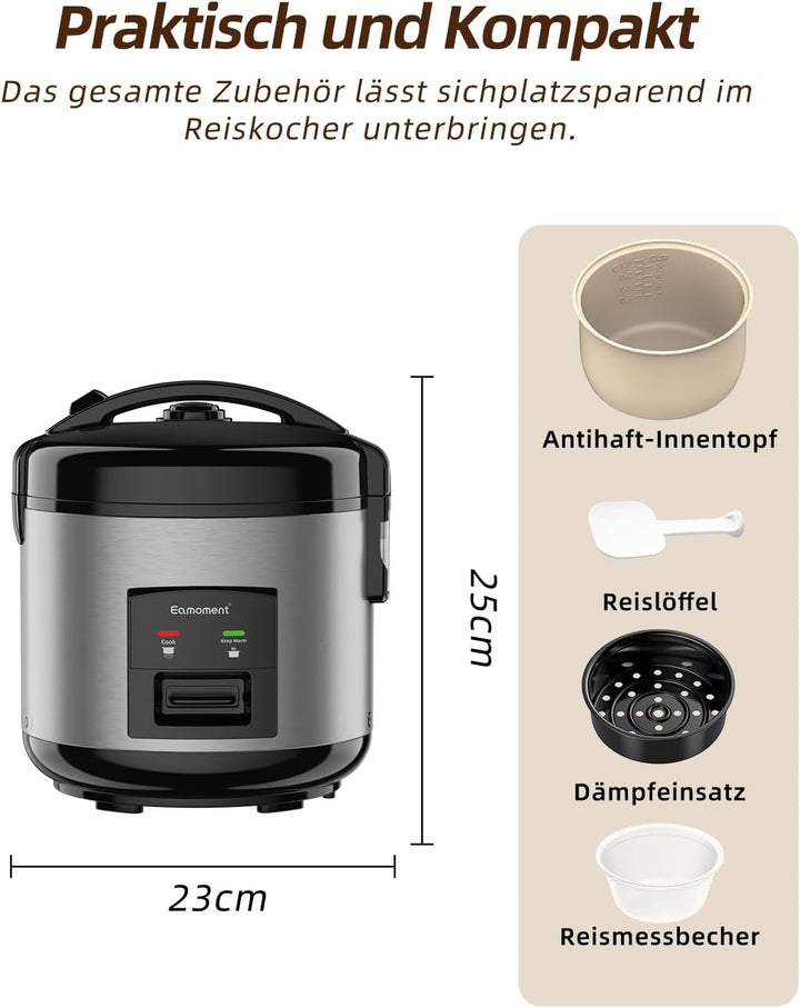 Eamoment DRC-5020SL 1L | 400W Reiskocher &amp; Dampfgarer(1ltr-5 Tassen) Für 1-5 Personen Schnelles Koch