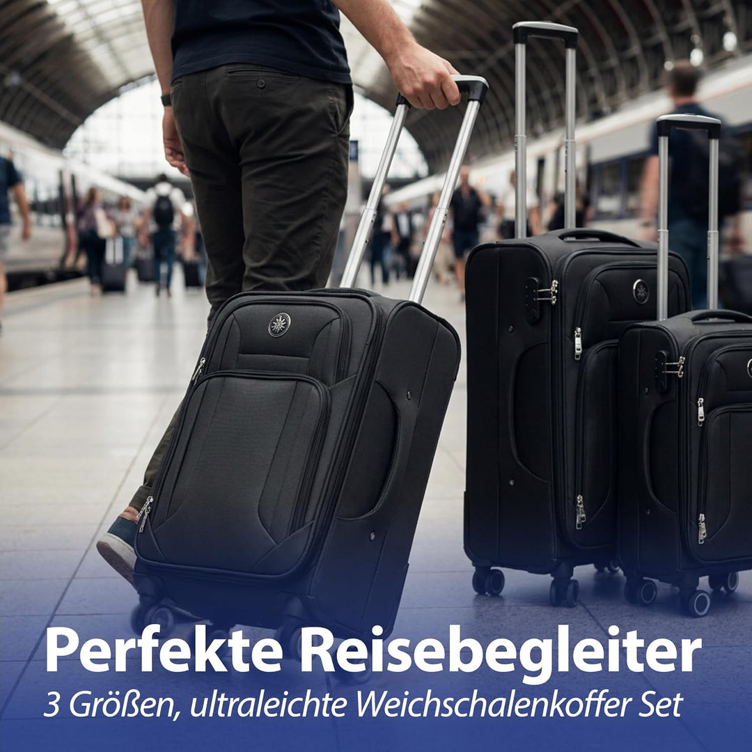 Cepewa Kofferset 3er Set aus Stoff | schwarz 3 Grössen Nylon | Teleskopstange Doppelrolle Zahlenschl