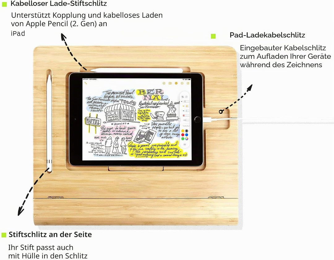 ELETIUO Tablet-Ständer, verstellbar, faltbar, mehrere Winkel, Bambusholz, Organizer, Schreibtischhal