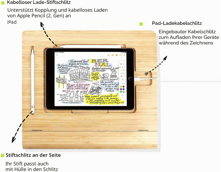 ELETIUO Tablet-Ständer, verstellbar, faltbar, mehrere Winkel, Bambusholz, Organizer, Schreibtischhal