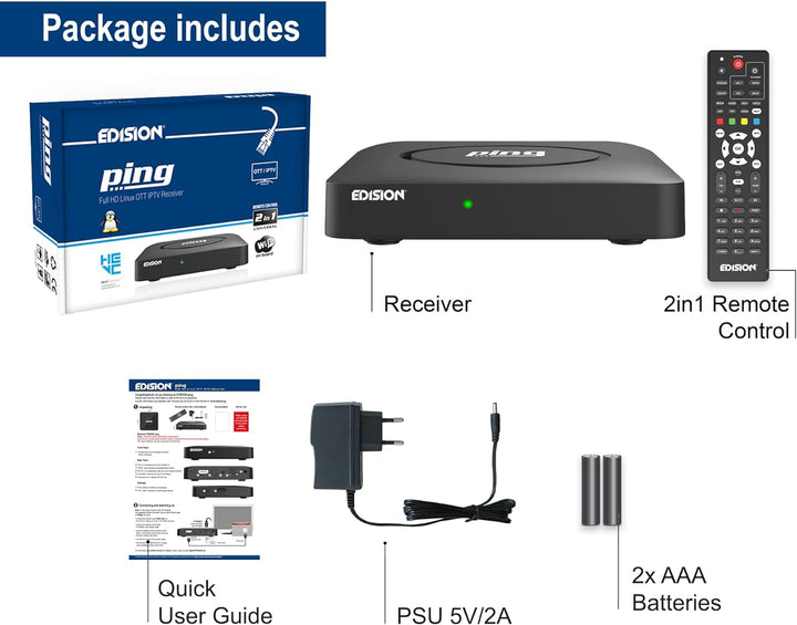 EDISION PING - OTT LINUX RECEIVER H265/HEVC schwarz, Stalker, Xtream, WebTV, Media Player, Wi-Fi on