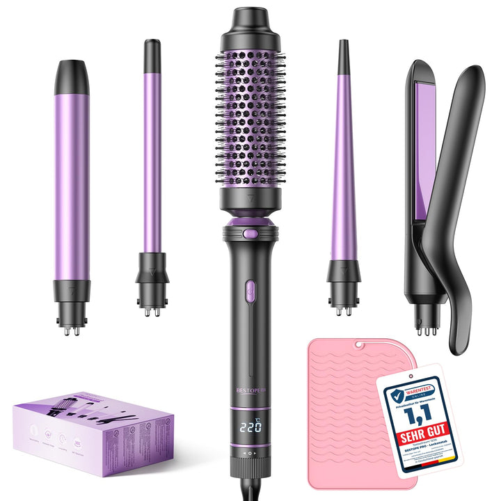 BESTOPE PRO Lockenstab, 5 in 1 Lockenstäbe Set mit Glätteisen, Thermobürste, 3 Keramische Lockeneise
