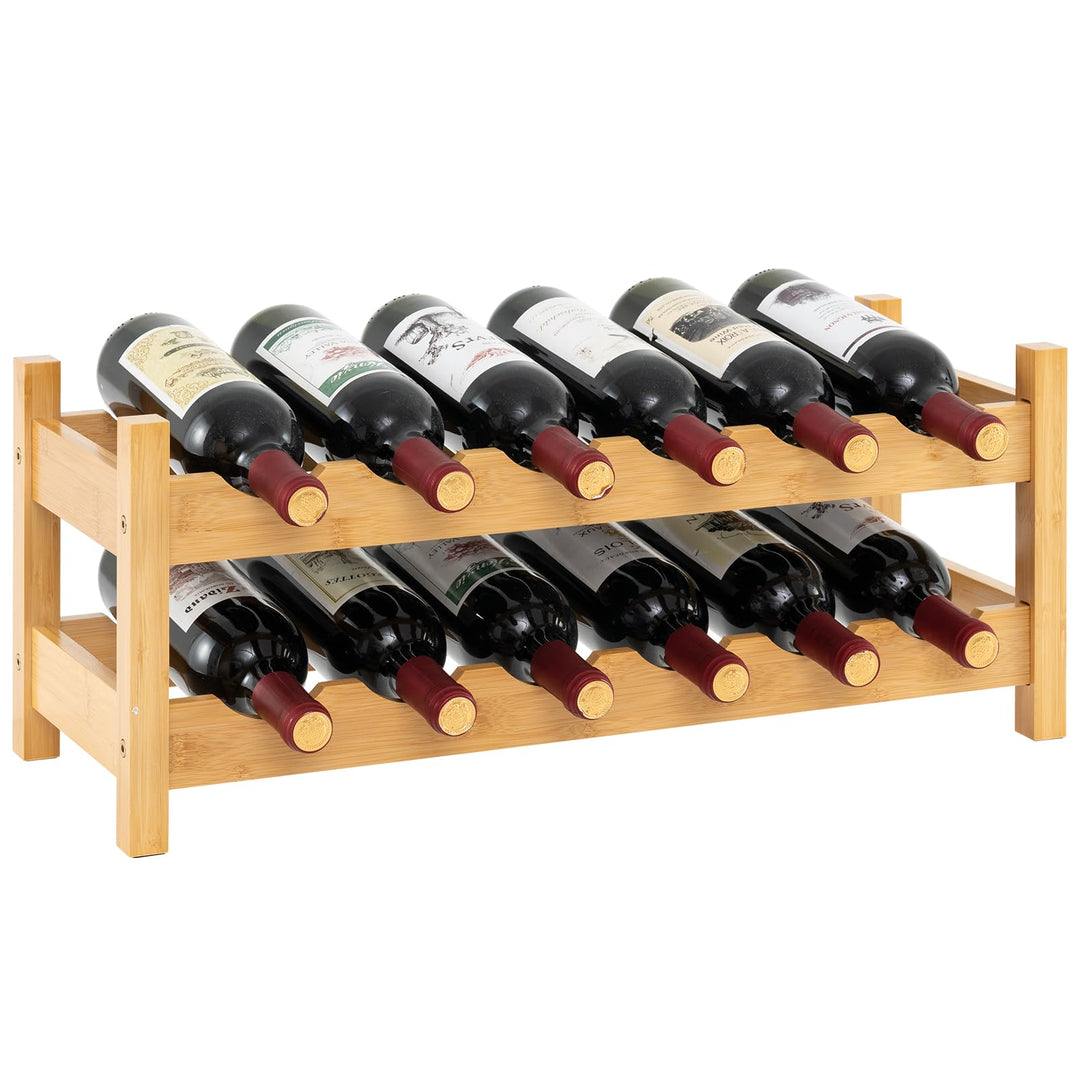 COSTWAY Weinregal Bambus für 12 Flaschen, Flaschenregal mit 2 Etagen, Flaschenhalter für Keller, Küc