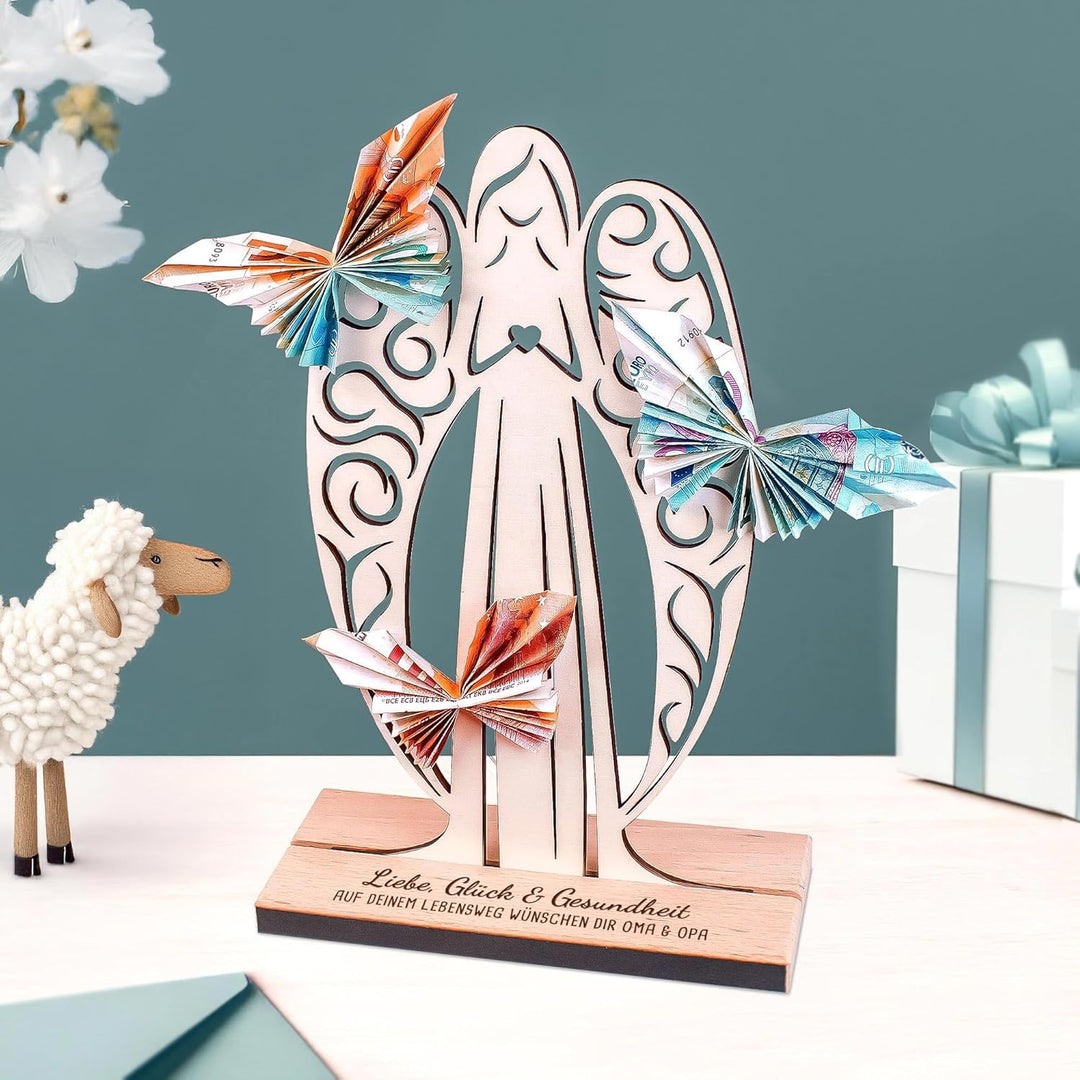 Schutzengel aus Holz zur Taufe, personalisierte Geld Engel Figur als Geschenk zur Geburt, Deko Holze