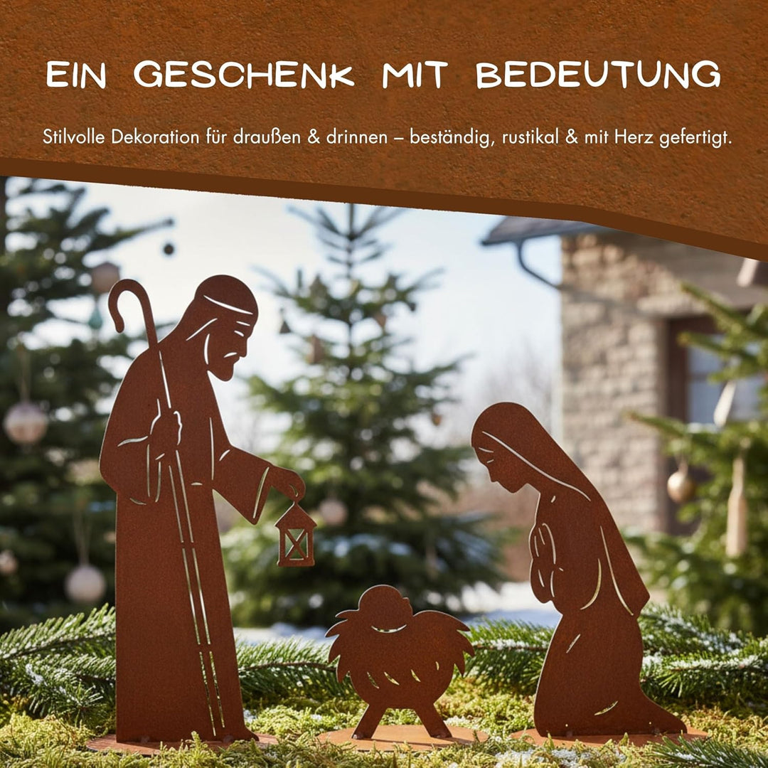 Rostikal Weihnachtskrippe XXL 3-teilig – Edelrost Krippe aus Metall mit Laterne, Maria Josef & Jesus