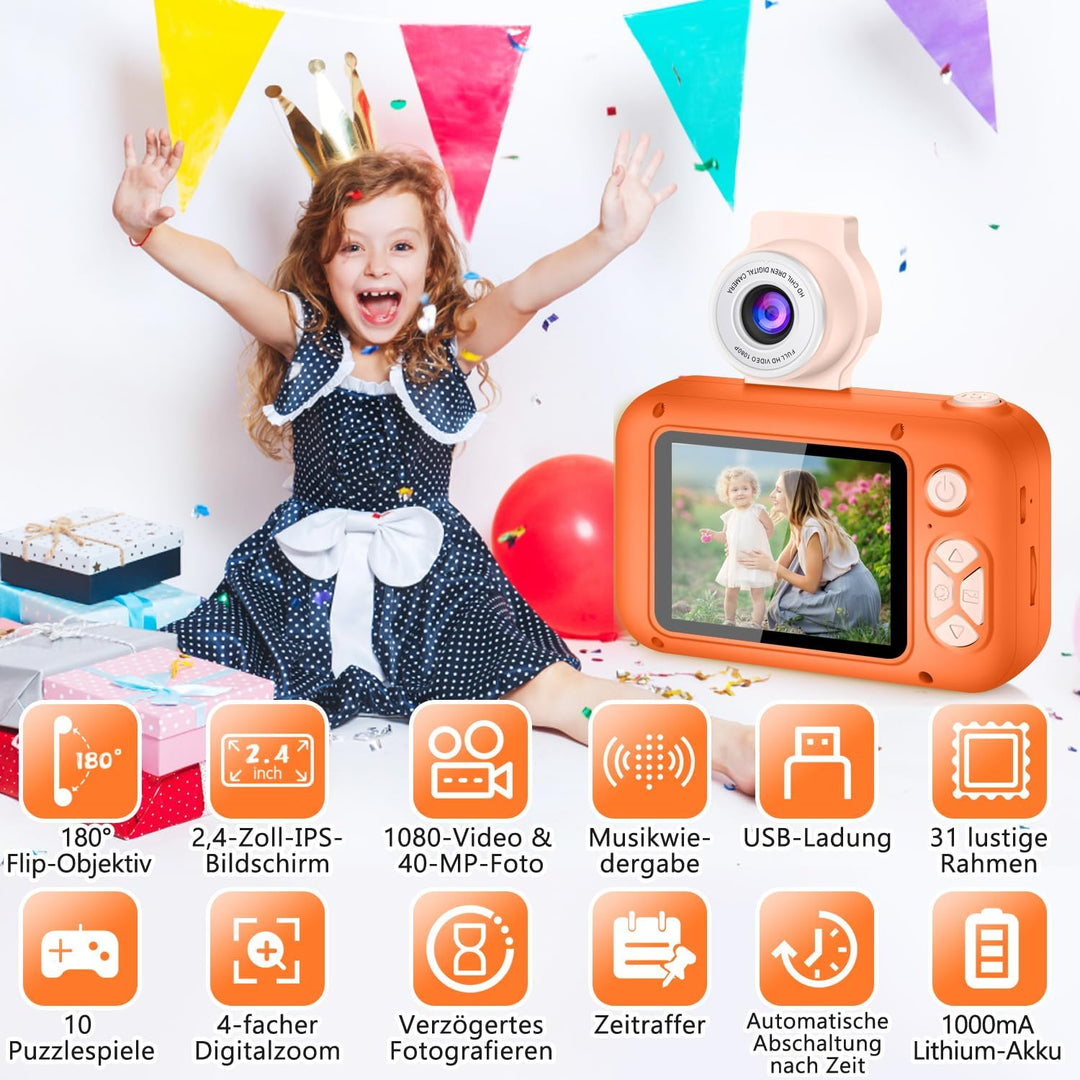 ARNSSIEN Digitalkamera für Kinder Kamera,2,4" IPS Kinderkamera mit 180°Flip | 1080P videokamera &amp; Se