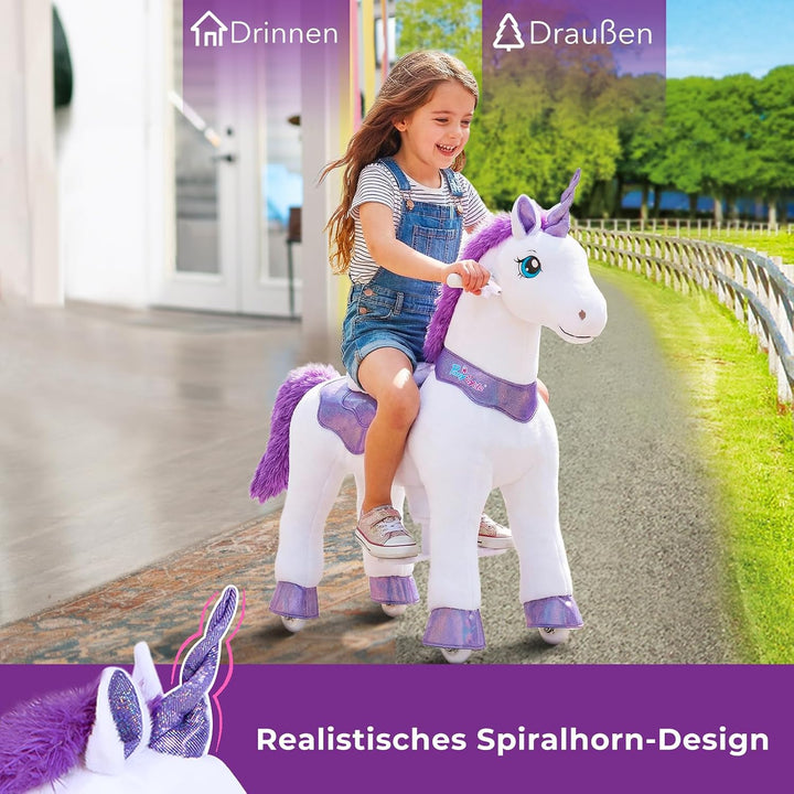 PonyCycle® Einhorn Reitpferd | für Kinder 4–7 Jahre, 90cm | Lila Plüsch Schaukelpferd auf Rollen mit