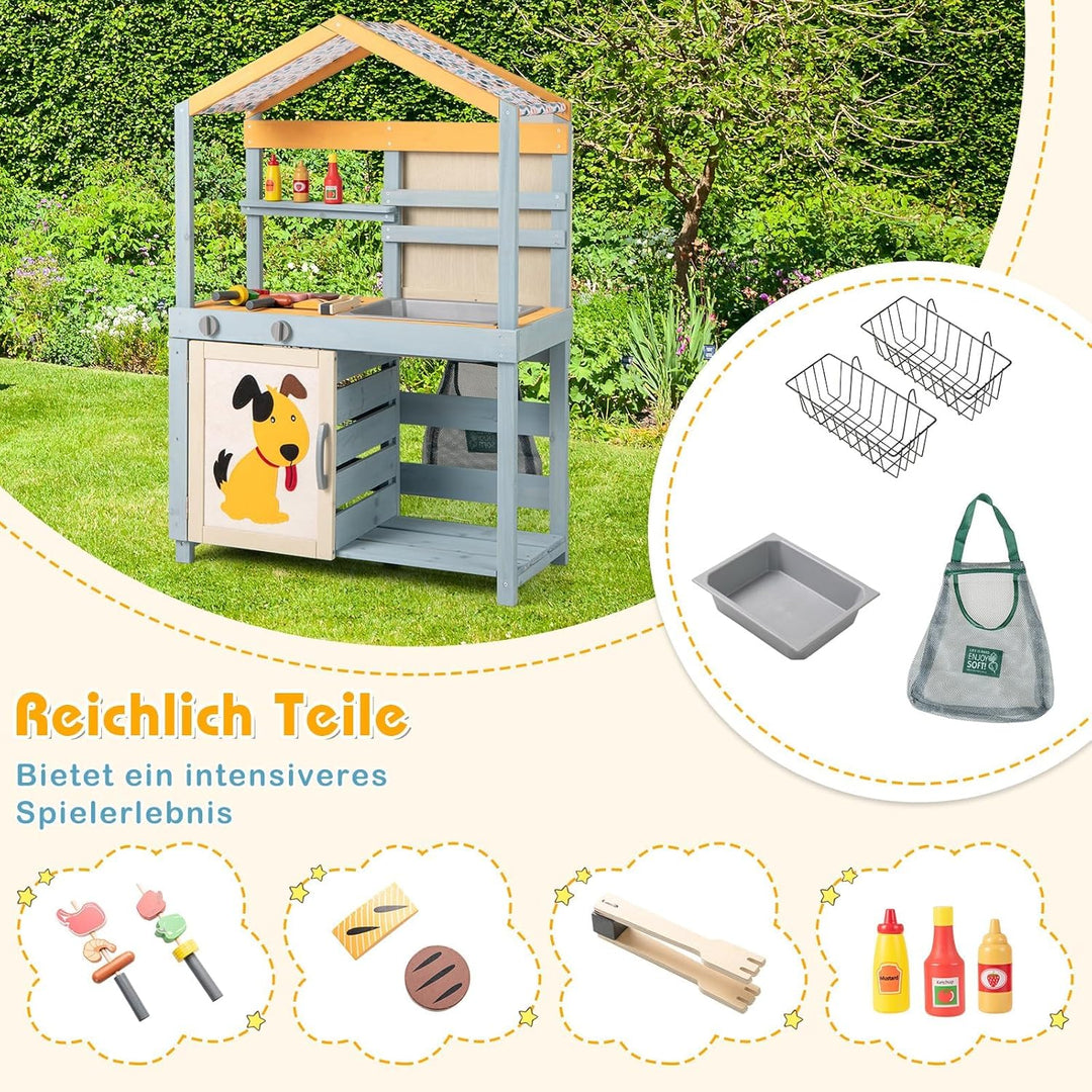 COSTWAY 2-IN-1 Matschküche Kinder Outdoor, Kinderküche Holz mit Tasche & Körben, Tafel & Zubehör, Sp