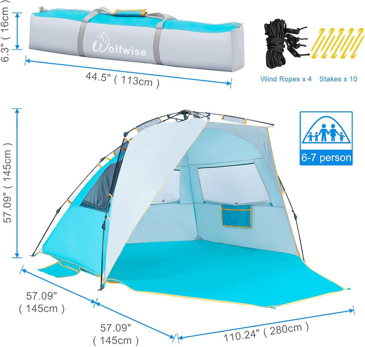 Wolfwise Strandmuschel mit Schnellaufbau für 6-7 Personen – UV-Schutz 50+, Wasserabweisend, Privater