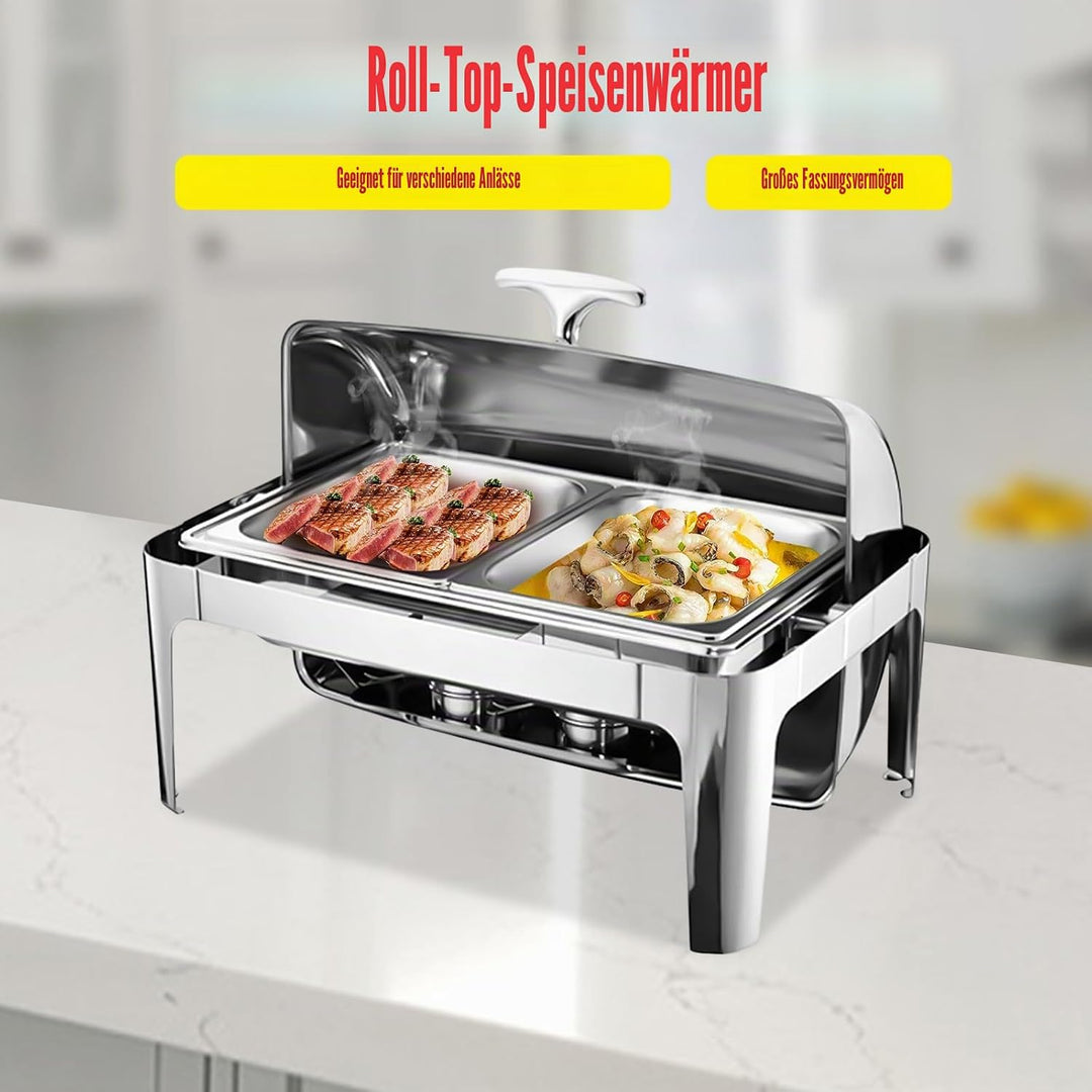 9l Edelstahl Speisenwärmer, Chafing Dish Mit Rolldeckel Speisenwärmer Warmhaltebehälter, Heizplatten