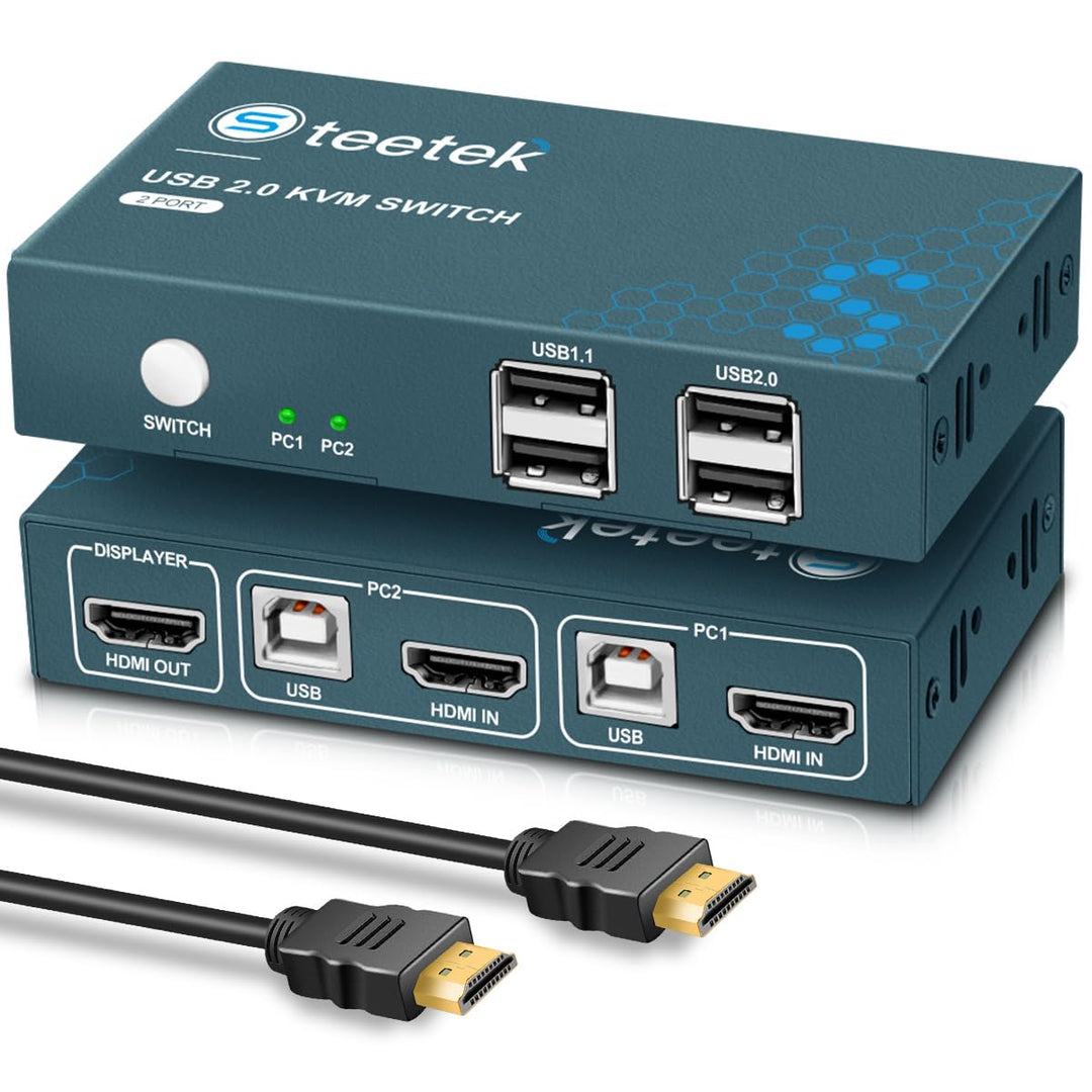 KVM Switch HDMI 2 Port, 4K@30Hz, USB2.0, 2 PC 1 Monitor Switch, Button Switch, Ultra HD, Compatible