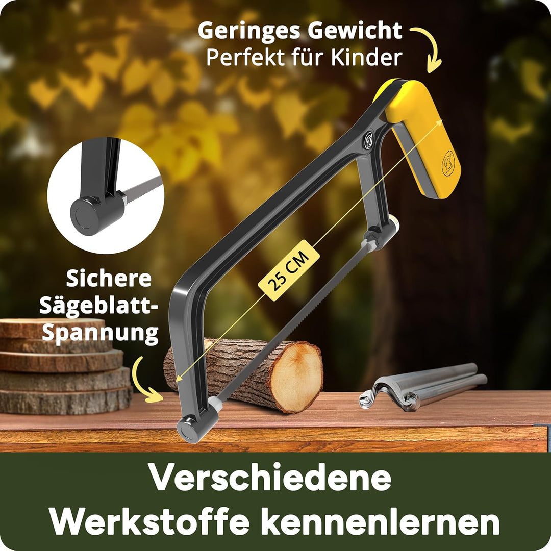 Eli® Kindersäge ab 6 Jahre inkl. 4 Sägeblätter für Holz und Metall und Bastelholz- echte Bügelsäge z