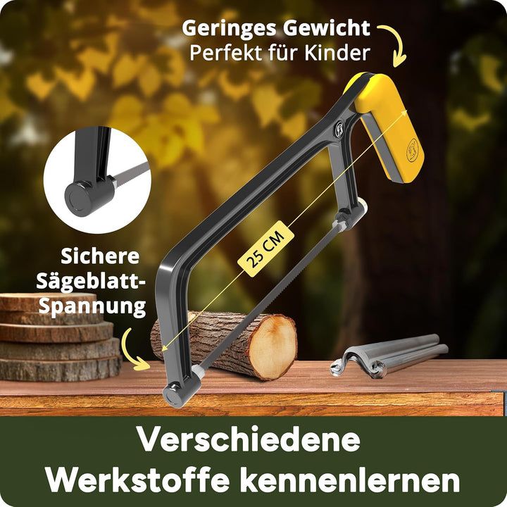 Eli® Kindersäge ab 6 Jahre inkl. 4 Sägeblätter für Holz und Metall und Bastelholz- echte Bügelsäge z