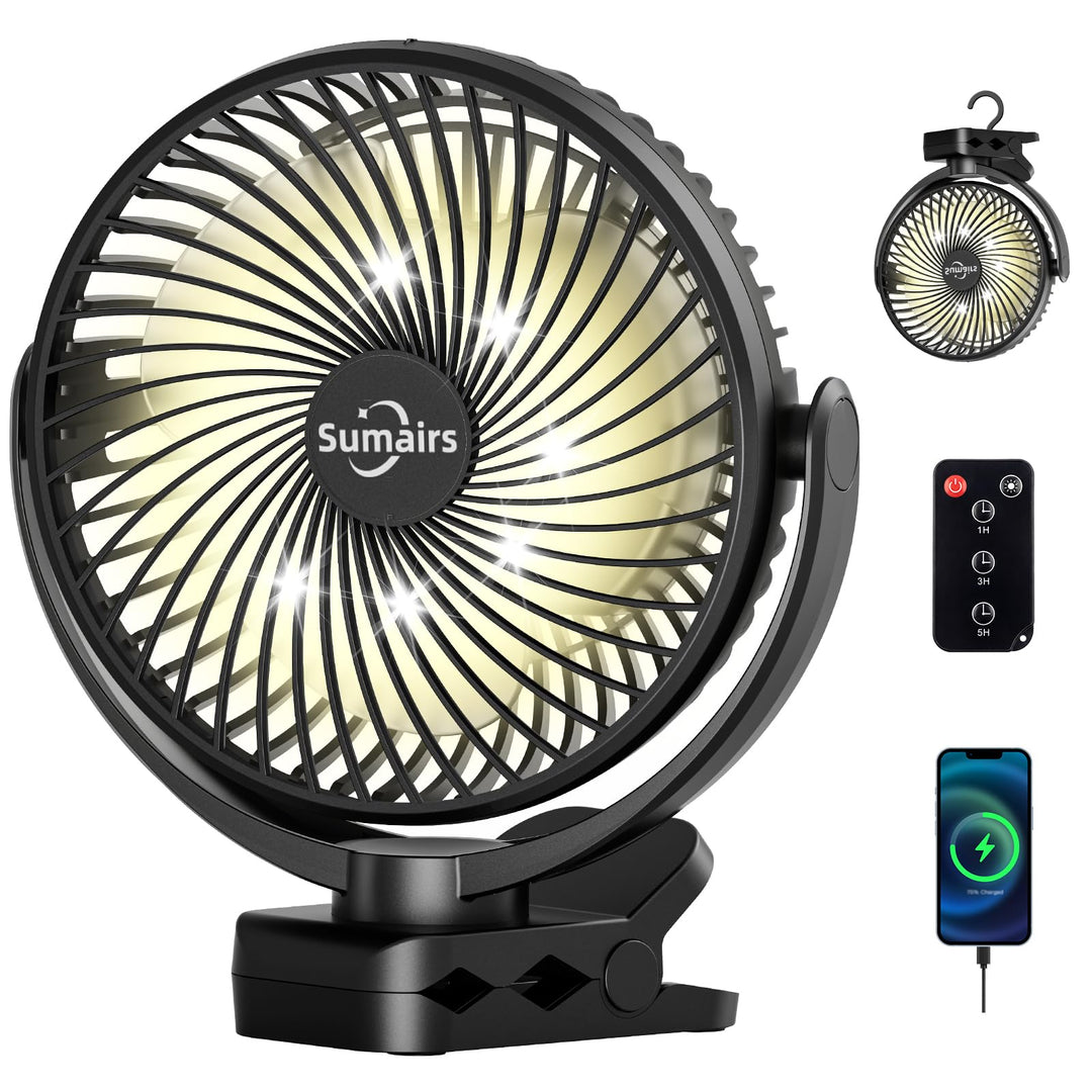 Sumairs 20cm Camping Ventilator,10000mAh Akku-Ventilator mit Fernbedienung & LED-Licht,Powerbank,3 G