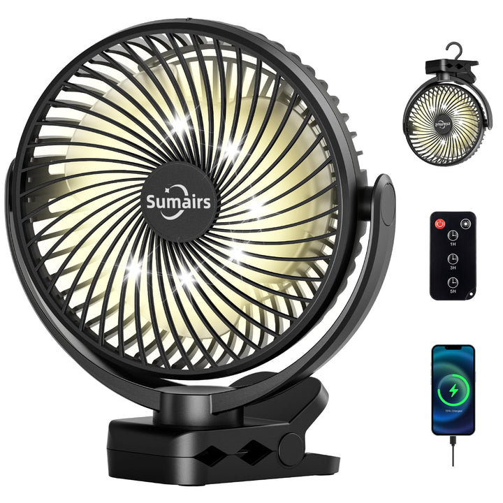 Sumairs 20cm Camping Ventilator,10000mAh Akku-Ventilator mit Fernbedienung & LED-Licht,Powerbank,3 G