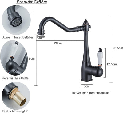 BOAOTX Küchenarmatur Schwarz Retro, Wasserhahn Küche Landhaus, 360° Drehbar Spültischarmatur Antik,
