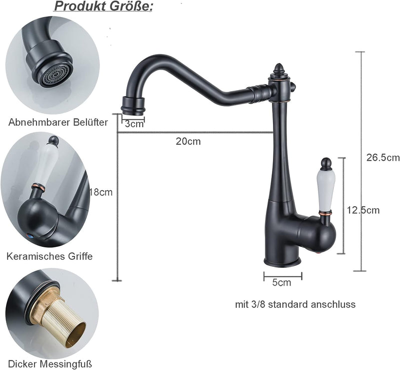 BOAOTX Küchenarmatur Schwarz Retro, Wasserhahn Küche Landhaus, 360° Drehbar Spültischarmatur Antik,