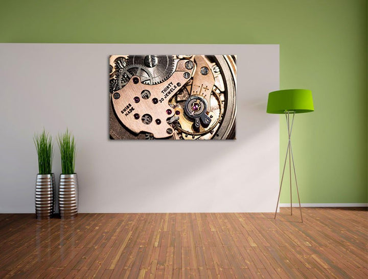 Pixxprint stilvolles Uhrenwerk auf Leinwand, XXL riesige Bilder fertig gerahmt mit Keilrahmen, Kunst