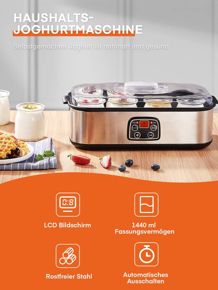 Joghurtmaschine, Griechische Joghurtbereiter mit 8 Gläsern/Deckeln, One-Touch-Display: Perfekt für o