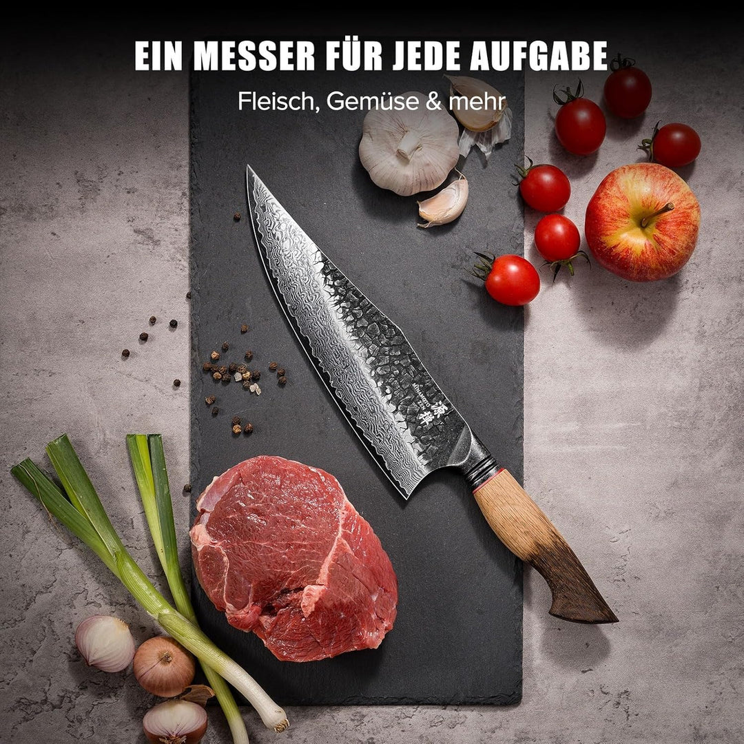 OKAMI Damastmesser Chefmesser 21,9 cm – Handgeschmiedetes japanisches Küchenmesser aus echtem Damast