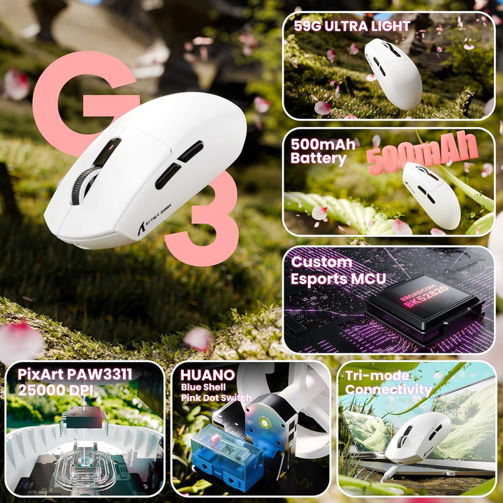ATTACK SHARK G3 Kabellose Gaming-Maus, 25000 DPI, PAW3311-Sensor, 59g Superlight G305 Gamer-Mäuse, 8