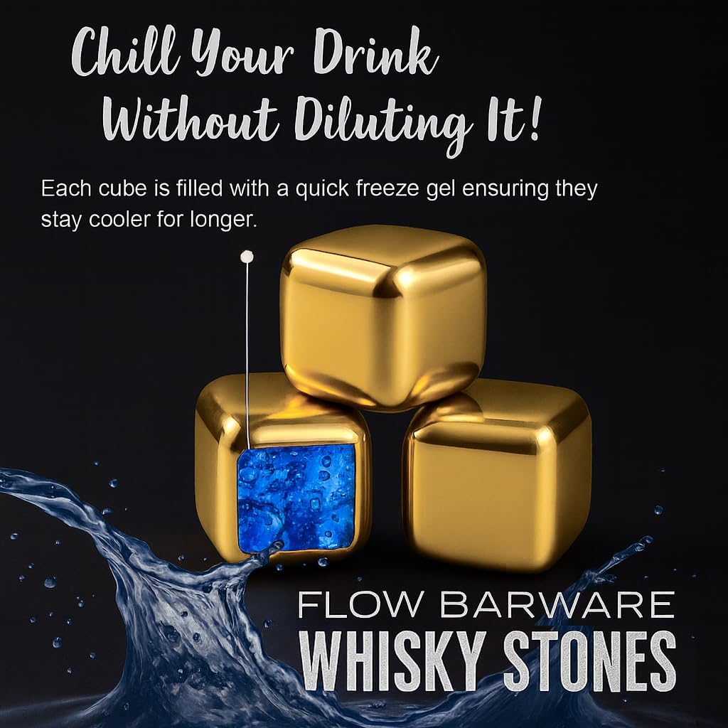 FLOW Barware Gold Whisky-Steine, Geschenk-Set mit Eiszange und Aufbewahrungstasche, Wiederverwendbar