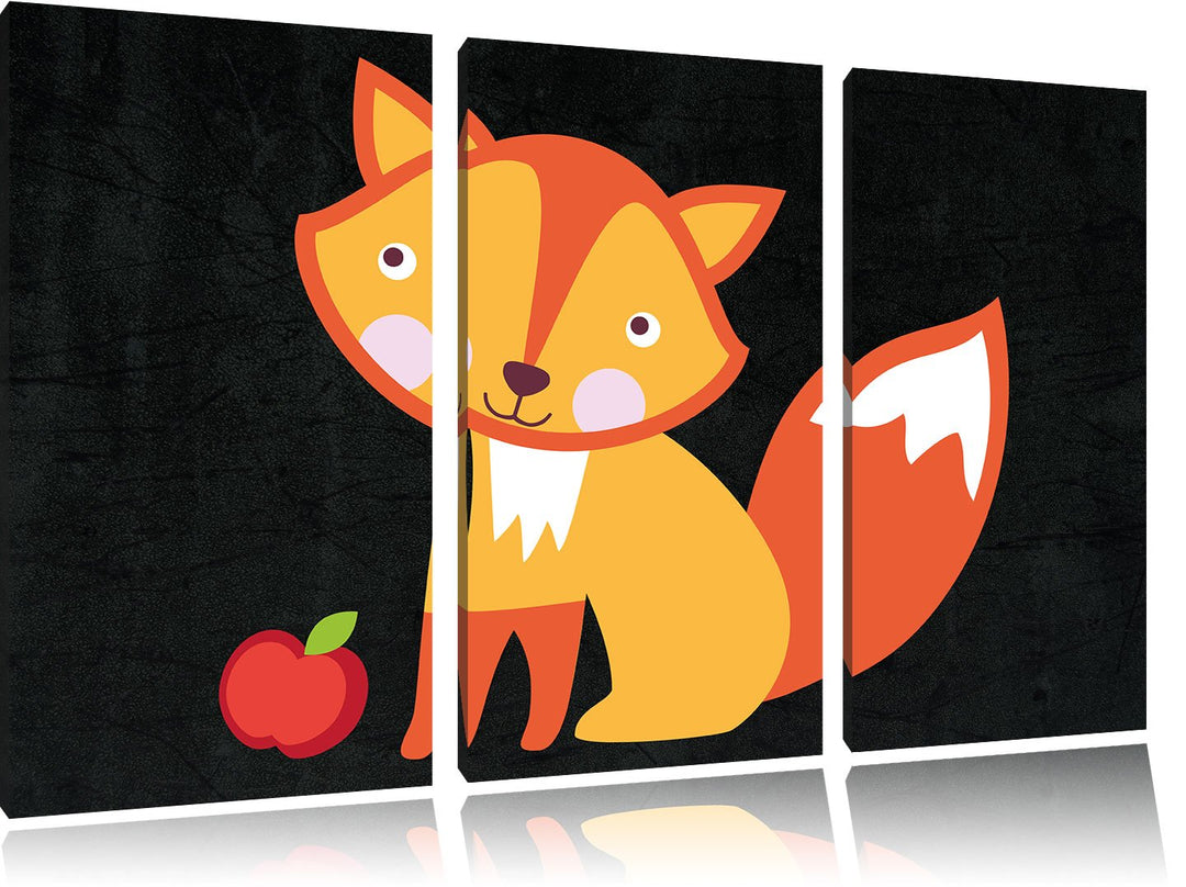 Pixxprint Niedlicher Fuchs mit Apfels als Leinwandbild/Grösse: 3 Teilig (120x80) cm/Wandbild/Kunstdr