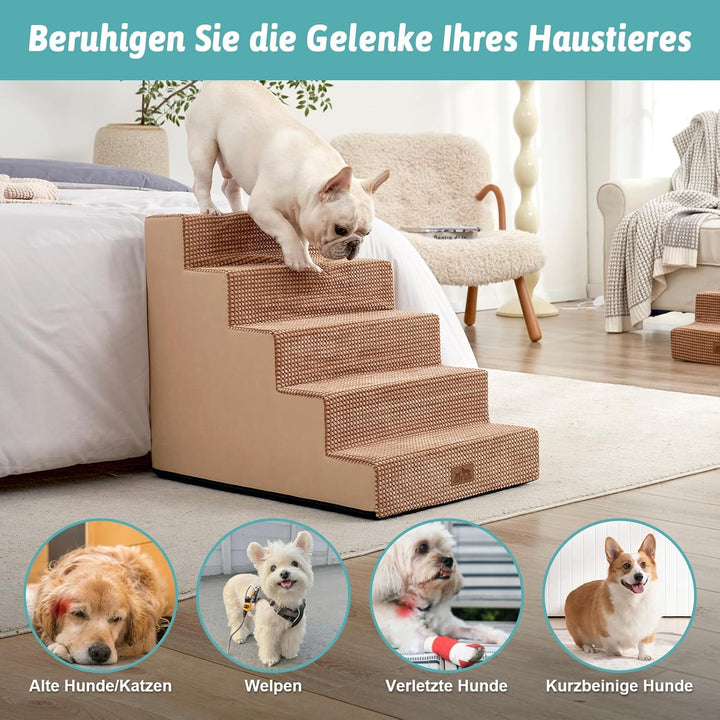 COZY KISS Hundetreppe für Kleine Hunde, 5 Stufen Breiter Haustiertreppe für Bett Couch Auto, 60cm Ho