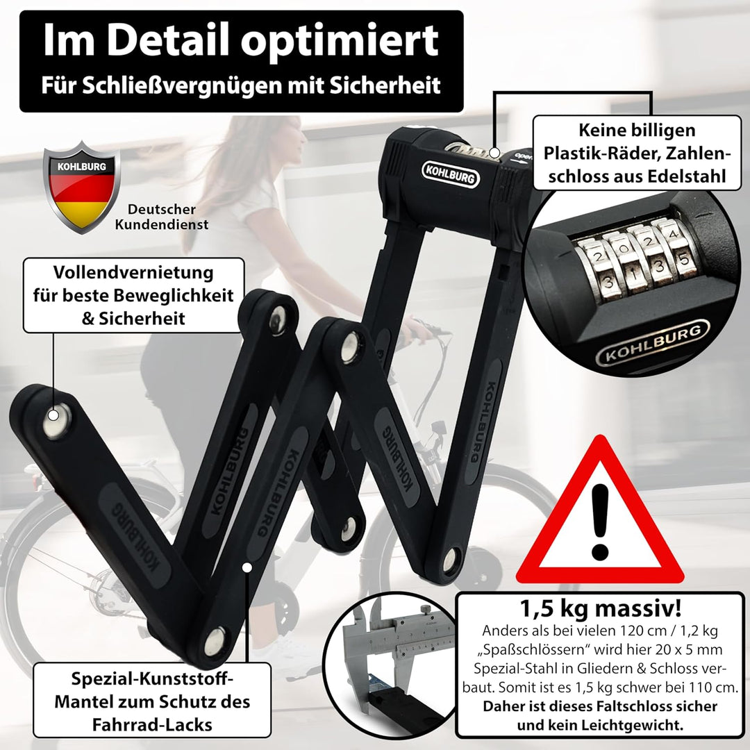 KOHLBURG [Bolzenschneider-sicheres] 110cm Faltschloss mit Zahlencode & Halterung – Fahrrad Zahlensch