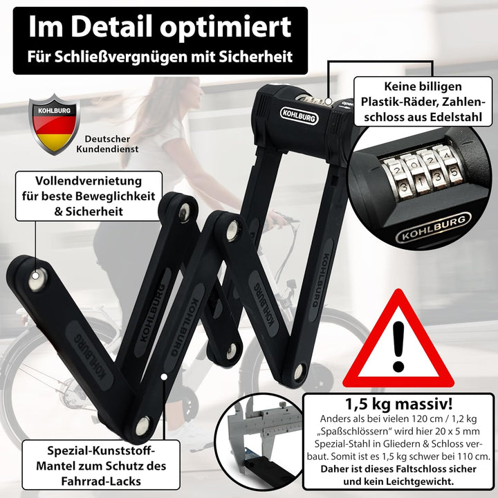 KOHLBURG [Bolzenschneider-sicheres] 110cm Faltschloss mit Zahlencode & Halterung – Fahrrad Zahlensch