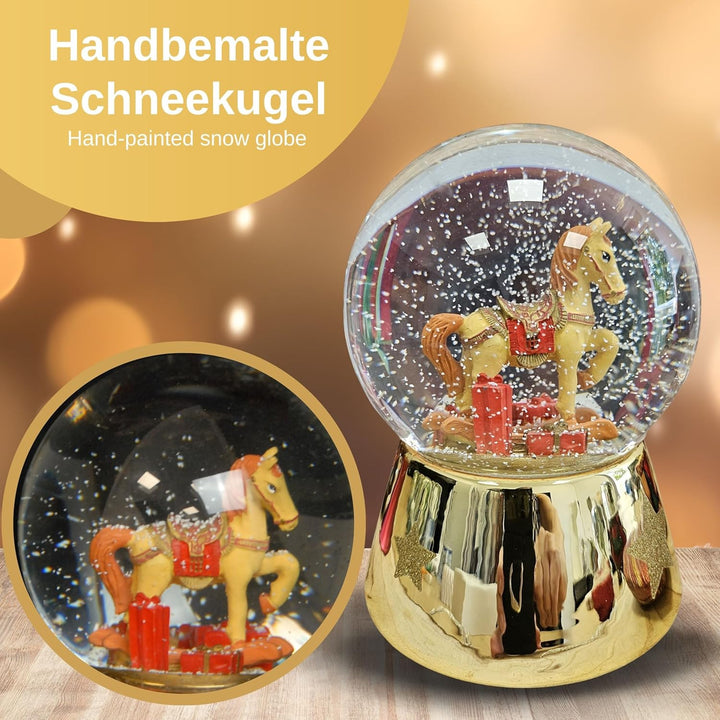 Weihnachts-Schneekugel mit Musik | Schneekugel Schaukelpferd mit Geschenken | Sockel Gold glänzend m