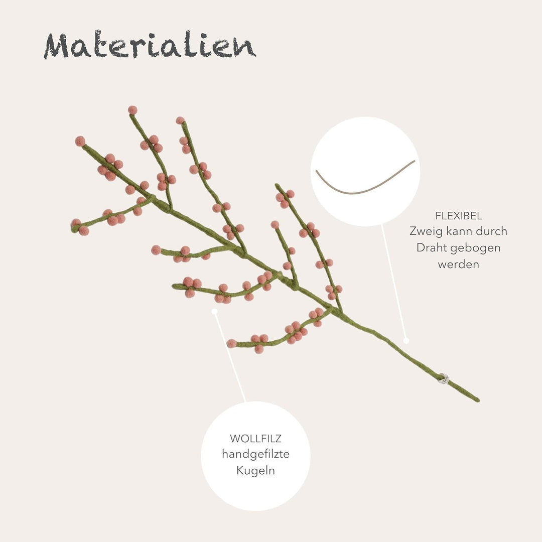 Gry & SIF Beeren-Zweig aus Filz, Flexibler Stiel, Deko-Zweig, Kunst-Zweig mit Beeren,handgemachte He
